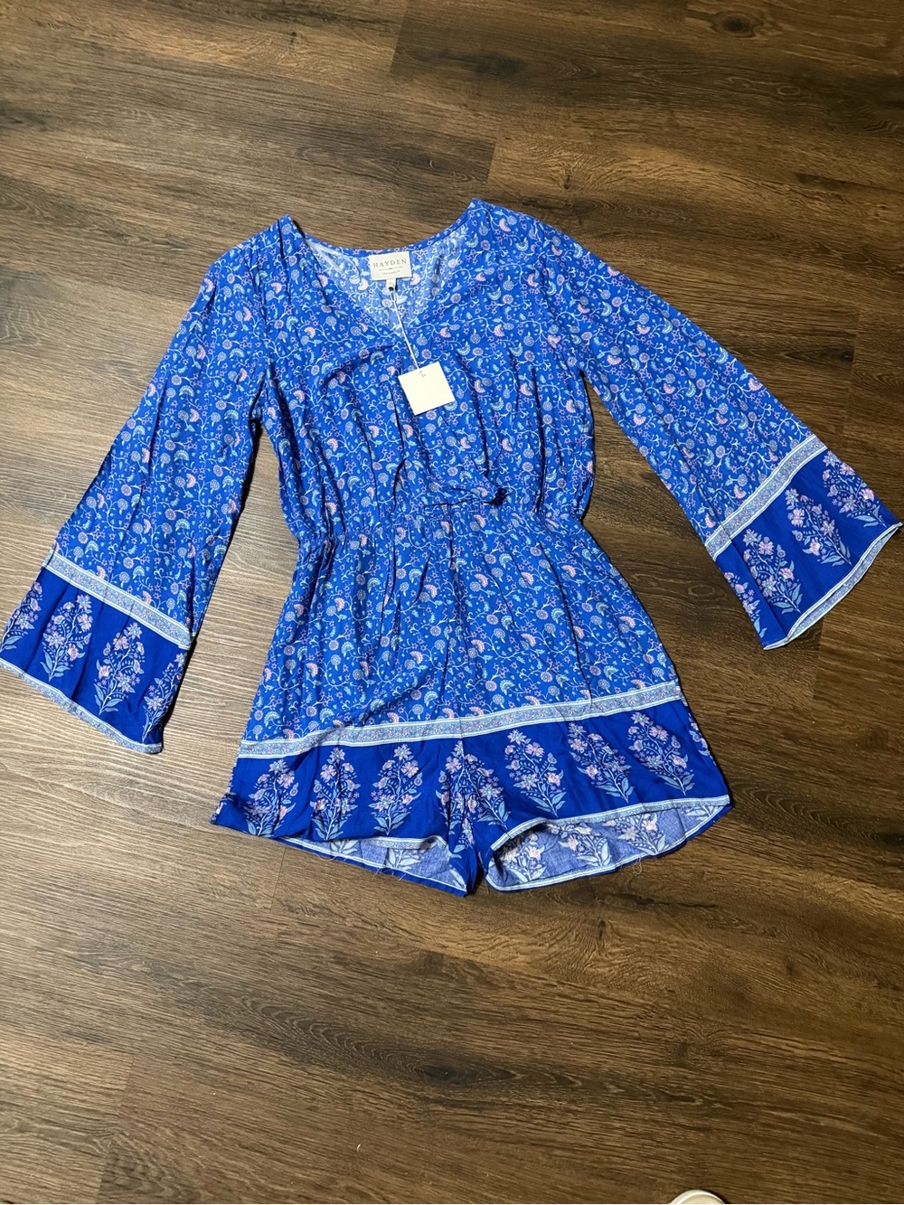Hayden Los Angeles Blue Floral Romper with Bell Sleeves